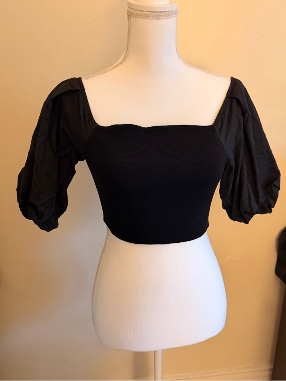 ZARA Black Puff Sleeve Square Neck Crop Top